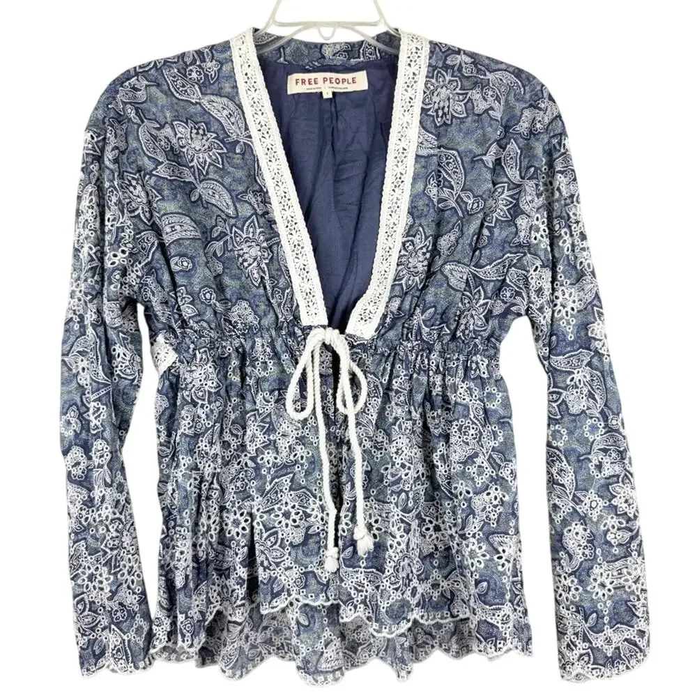 Free People Anissa Bed Jacket Eyelet Lace Tie Front Blue Combo Size S Beach Boho